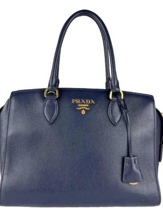 Prada Handbags - Auth PRADA Handbag Shoulder Bag Navy Leather/Goldtone - z8878